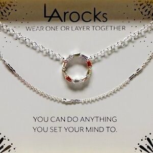 LA Rocks Multi-Color CZ Circle Pendant And Station Chain Necklace Set